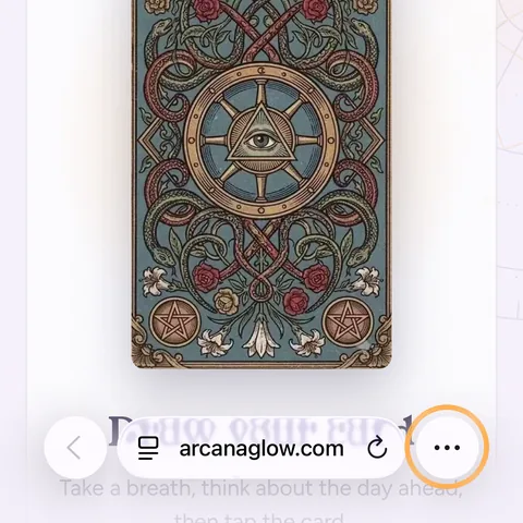 Safari on iPhone showing arcanaglow.com, with the ••• button at the bottom right circled
