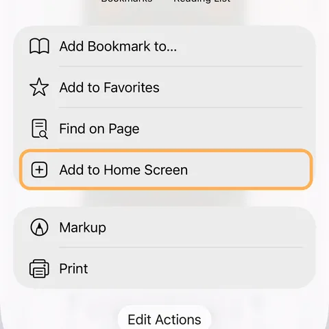 The full share list with Add to Home Screen circled