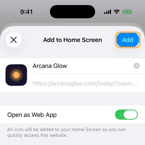The Add to Home Screen screen with Open as Web App switched on and the Add button circled
