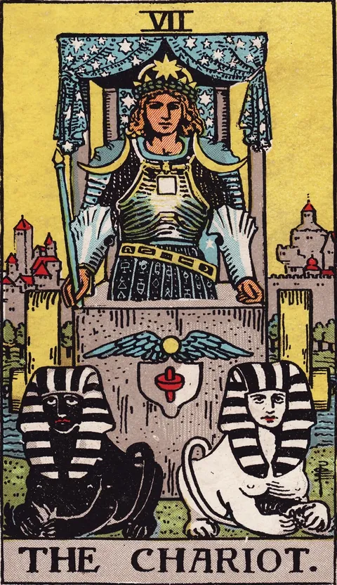 The Chariot tarot card from the Rider-Waite-Smith deck